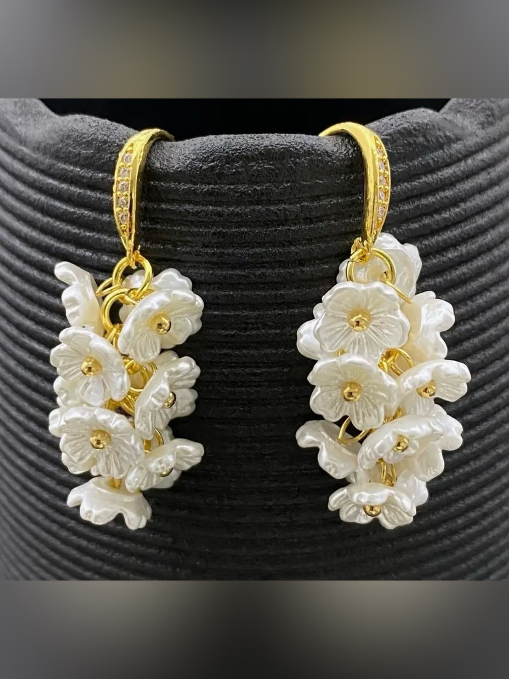 Gold and White Floral Drop Earrings - Women Jewelry